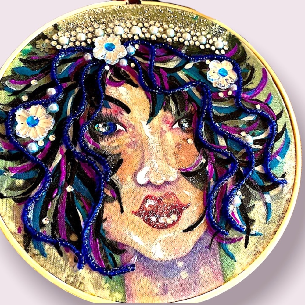 OOAK Handmade Embellished Embroidery Hoop Art Piece - Angel Art